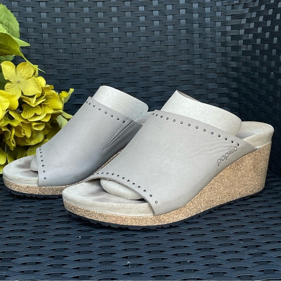 PAPILLIO  Rivet Womens Wedge Heel Mule Sandal Stone Size 37 - Picture 1 of 7